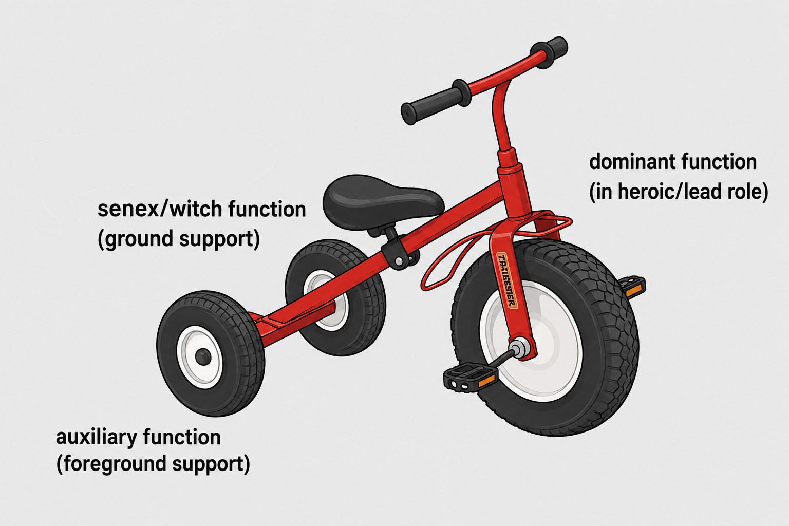 Figure 1: The tricycle model, showing the dominant function as the front wheel, the auxiliary function as foreground support, and the senex or witch function as ground support.