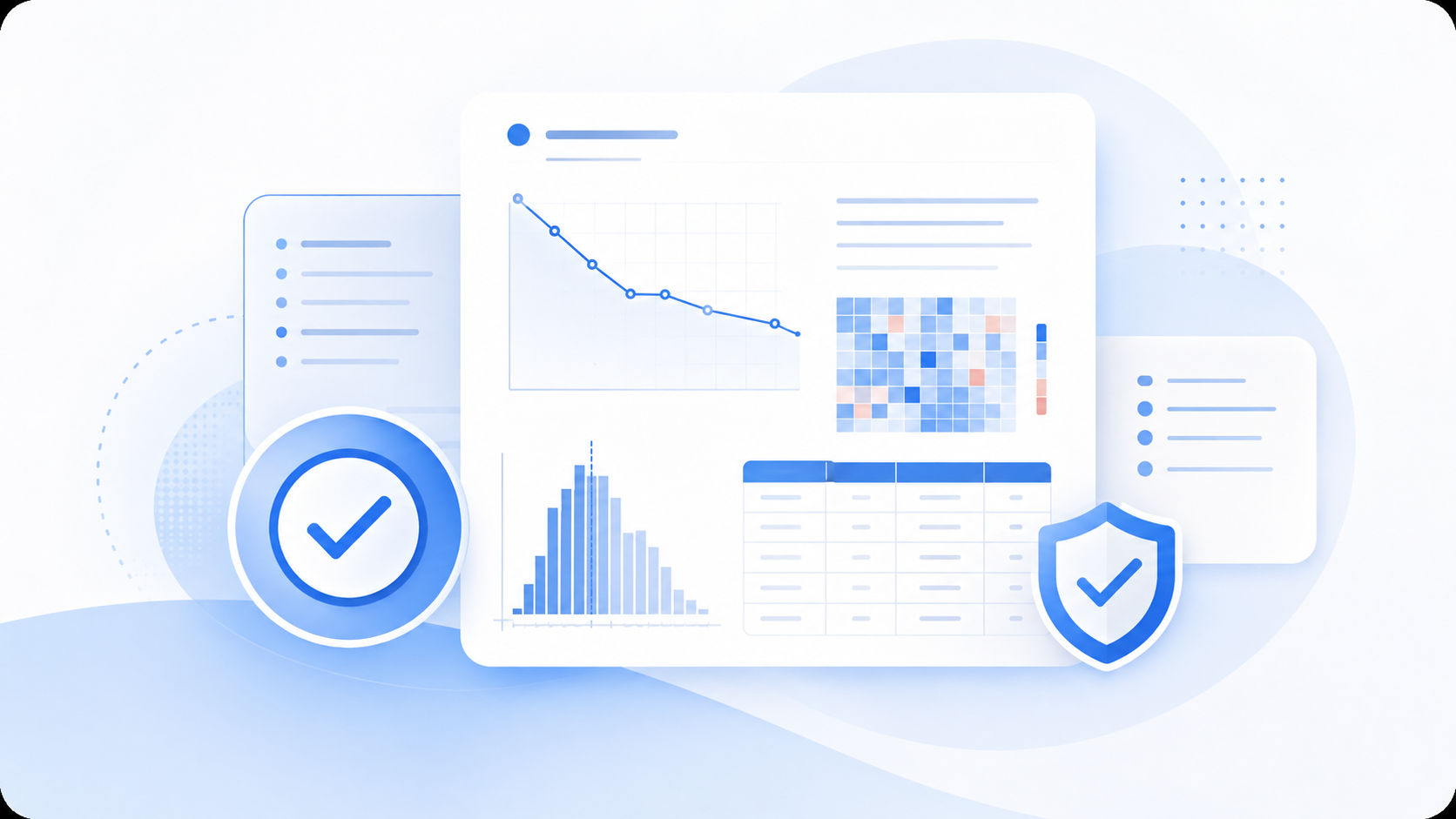 Research validation dashboard with charts, tables, data visualizations, and verification symbols